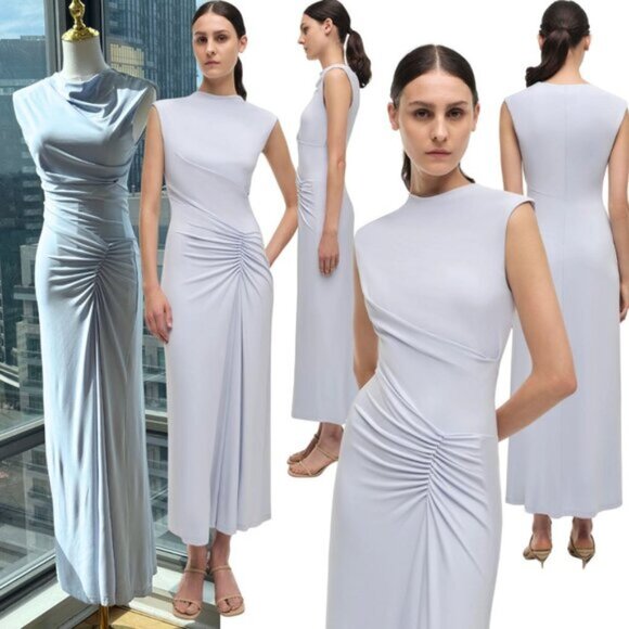 🆕 SIMKHAI 🧿 NWOT Acacia Draped Ruched Jersey Midi Dress, Blue Haze - Sz XS - Picture 1 of 15